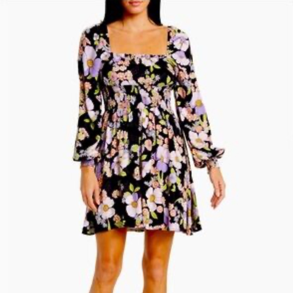 AFRM Smocked Bodice Mini Dress Noir Summer Bouquet Floral NWT Large Boho